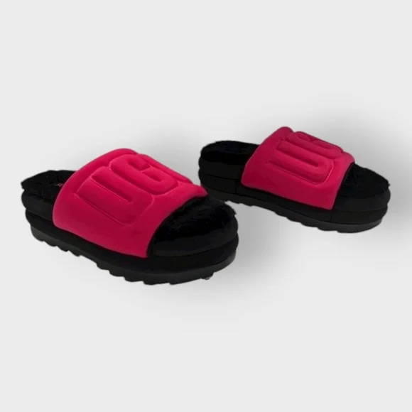 UGG Maxi Graphic RASPBERRY BLACK Platform Slide Sandals Puffy Furry NWOB / NWOT - Picture 2 of 12